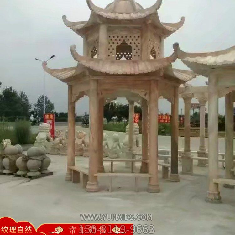 戶(hù)外景觀石亭子 庭院晚霞紅石雕涼亭 別墅休息石亭長(zhǎng)廊雕塑