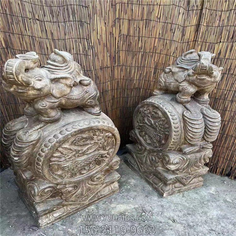 招財門墩，大象抱鼓石雕塑