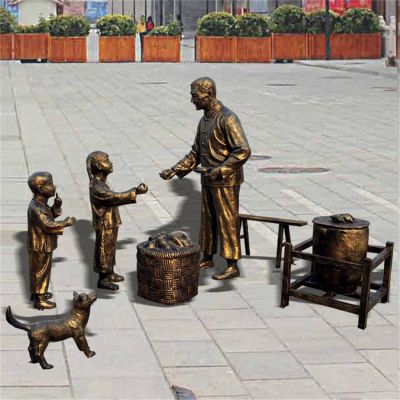 步行街?jǐn)[放玻璃鋼仿銅小商販叫賣(mài)兒童買(mǎi)小吃組合小品