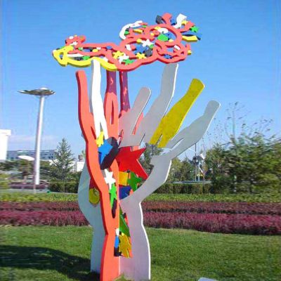 廣場(chǎng)草地裝飾噴漆不銹鋼剪影手型樹景觀雕塑