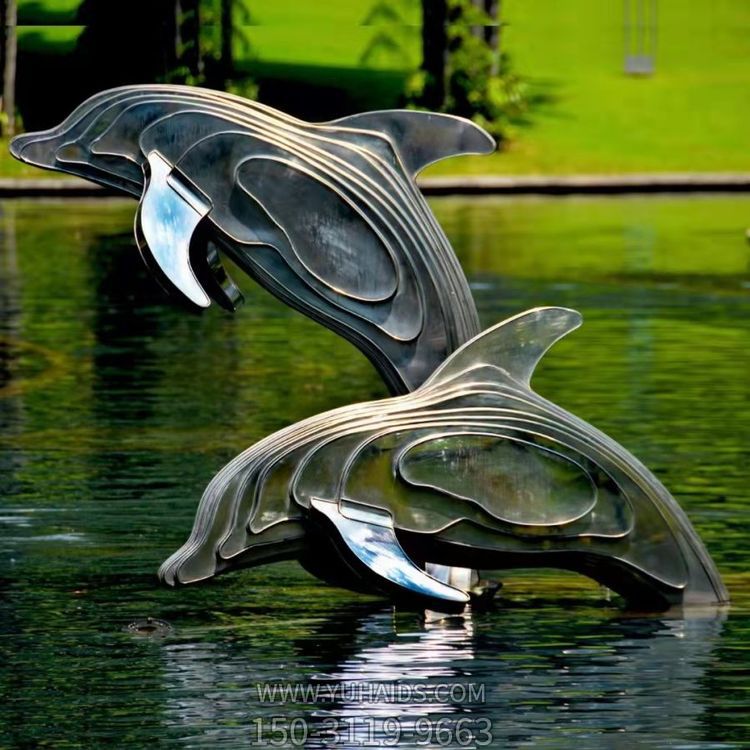 不銹鋼海豚雕塑，池塘水景抽象海豚景觀動(dòng)物雕塑