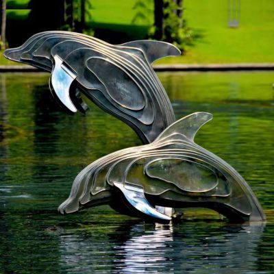 不銹鋼海豚雕塑，池塘水景抽象海豚景觀動(dòng)物雕塑