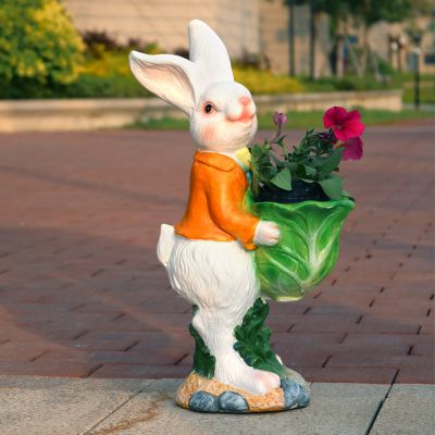 廣場(chǎng)可愛(ài)卡通樹脂抱著花盆的兔子雕塑