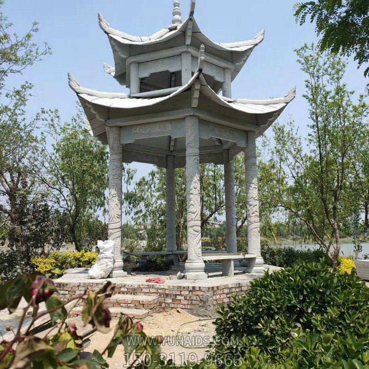 花崗巖石雕涼亭，雙層高涼亭雕塑