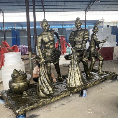 捕魚，玻璃鋼仿銅民俗生活人物情景雕塑