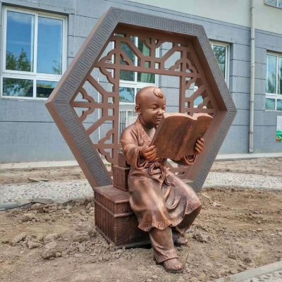 古代看書的小孩，校園鑄銅鍛銅創(chuàng)意學(xué)習(xí)廣場(chǎng)書籍雕塑