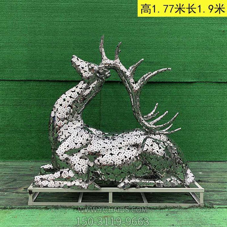 不銹鋼梅花鹿，鏡面鏤花鹿雕塑