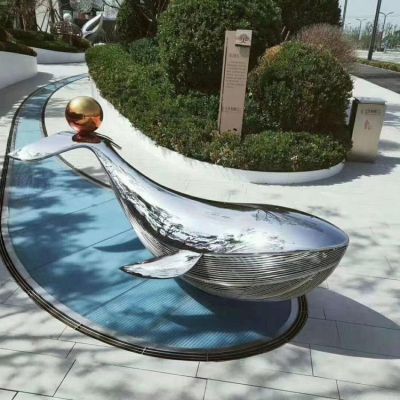不銹鋼鏡面戶外園林景抽象鯨魚(yú)雕塑