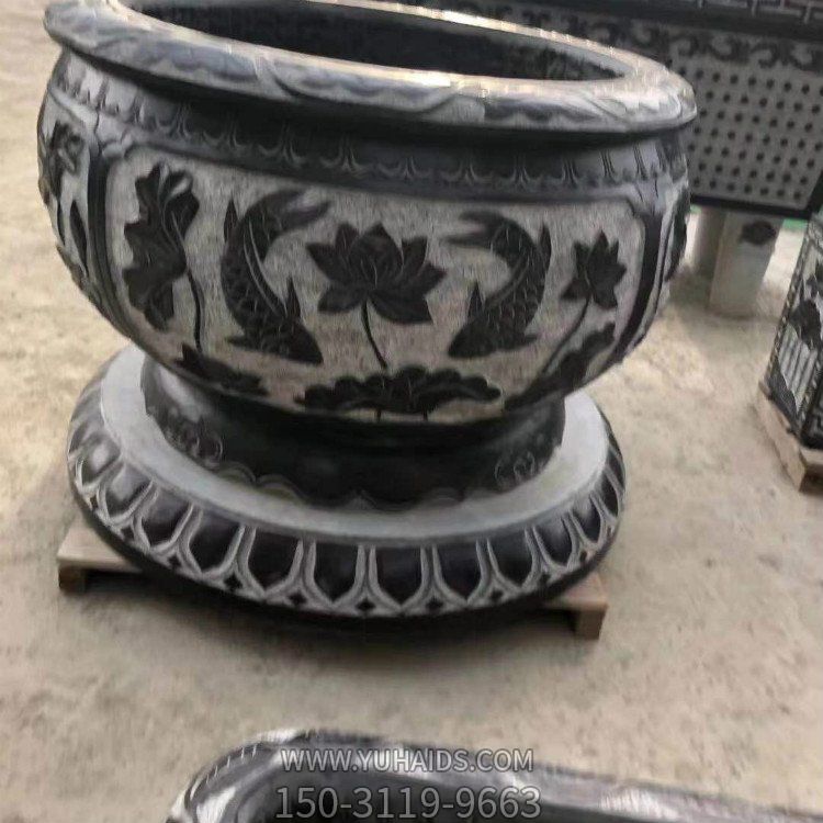 花園擺放青石荷花鯉魚水缸 陽臺(tái)花盆魚缸雕塑