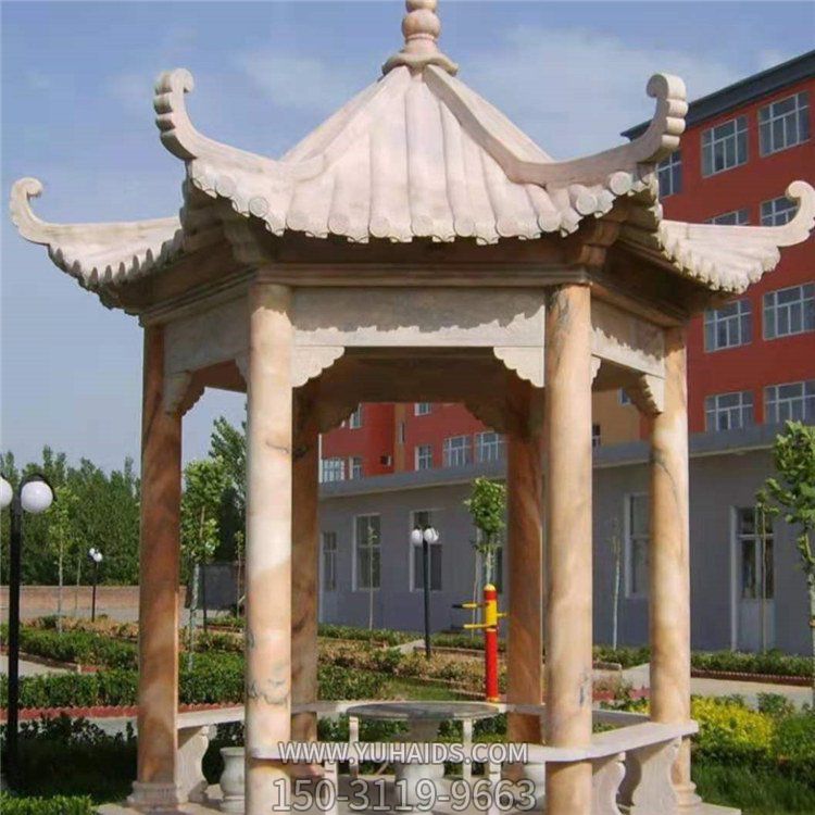 晚霞紅大理石戶(hù)外小區(qū)乘涼中式六角涼亭雕塑