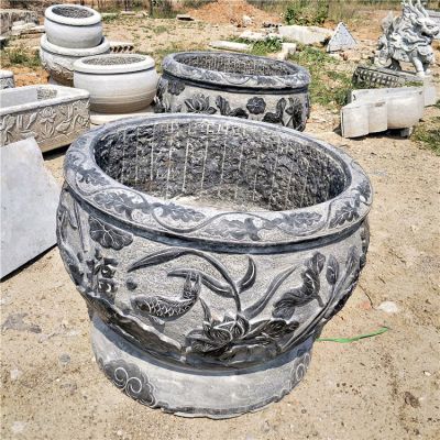 青石魚(yú)缸，鯉魚(yú)荷花刻紋仿古水缸