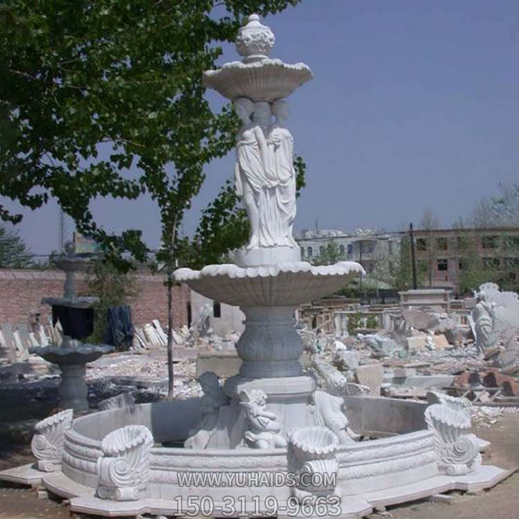 漢白玉石雕噴泉，歐式人物裝飾噴泉流水缽雕塑