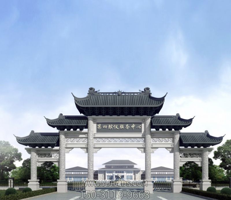 殯儀館五門(mén)景觀青瓦斗拱牌樓坊雕塑
