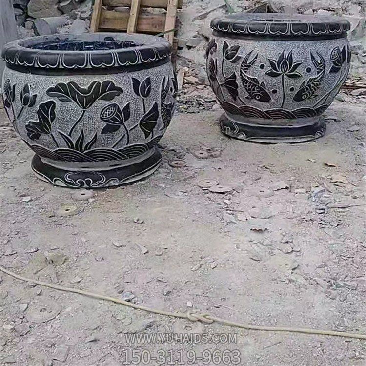 鯉魚，荷花，荷葉紋飾石雕水缸雕塑