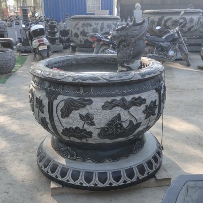 石雕青石魚(yú)缸仿古做舊圓缸流水?dāng)[件 園林庭院裝飾擺件