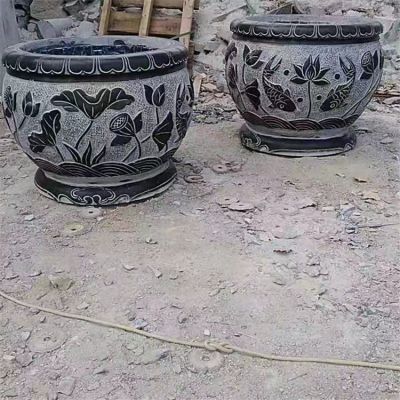 鯉魚，荷花，荷葉紋飾石雕水缸