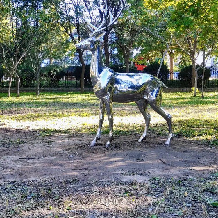 不銹鋼鏡面鹿，園林梅花鹿動物擺件雕塑