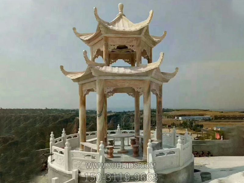 景區(qū)寺院戶(hù)外觀(guān)景臺(tái)擺放晚霞紅雙層頂仿古建休閑涼亭雕塑
