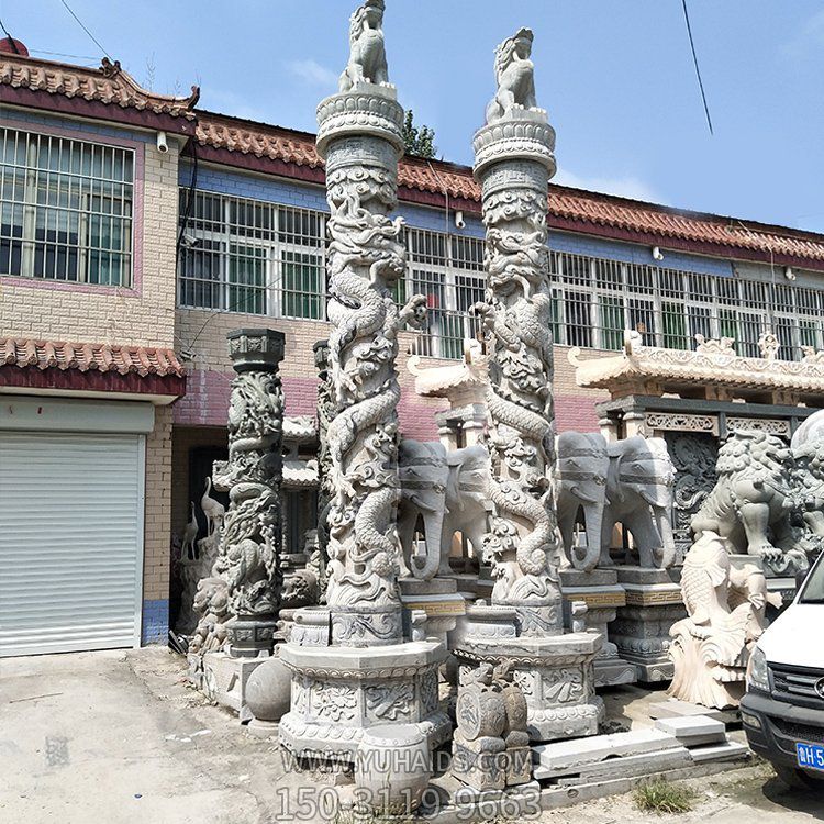 盤龍柱，花崗巖高浮雕龍柱子雕塑