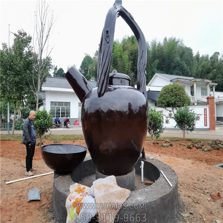 玻璃鋼仿銅戶外廣場(chǎng)園林景觀茶壺茶碗雕塑擺件