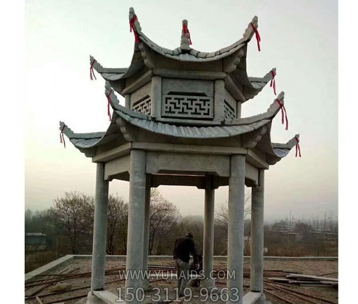 中式庭院陽臺(tái)裝飾擺放雙層六角休閑涼亭雕塑