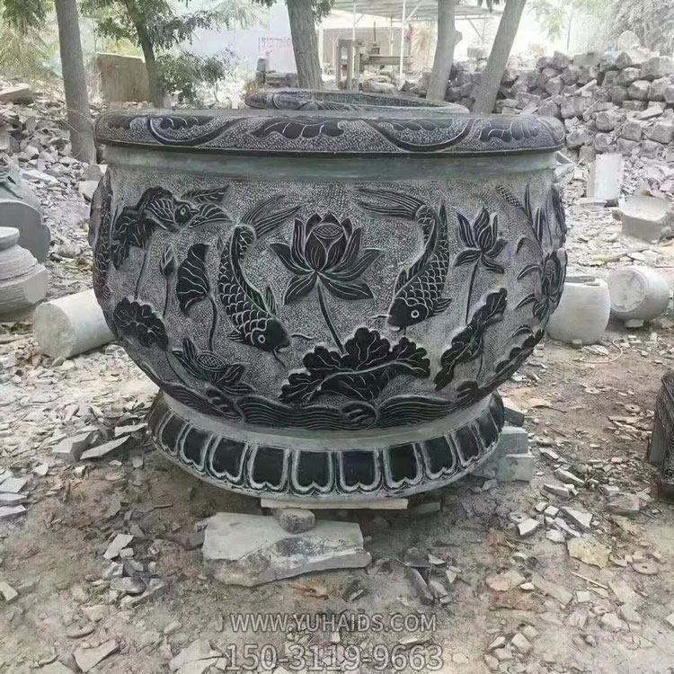 石雕魚(yú)缸圓形養(yǎng)魚(yú)池仿古石盆庭院青石荷花缸雕塑