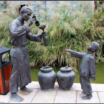 打酒，鑄銅民俗生活情景人物雕塑
