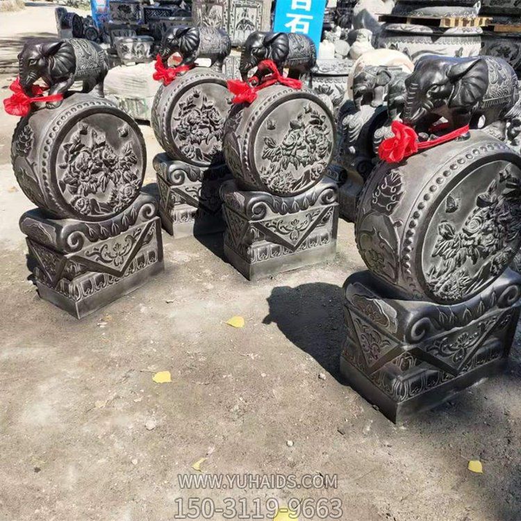 黑色大象抱鼓石，大理石門(mén)墩雕塑