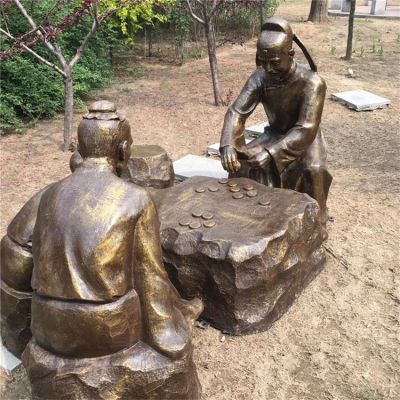 下棋，古代人物玻璃鋼仿銅場景雕塑