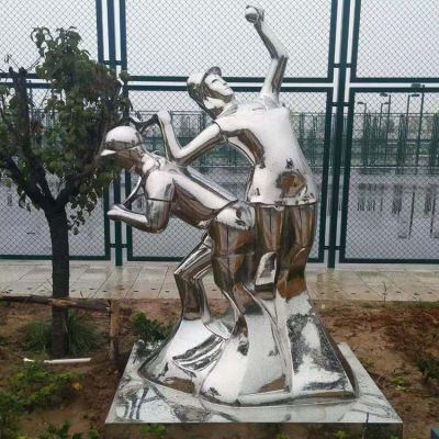 打網(wǎng)球，不銹鋼鏡面抽象體育運(yùn)動(dòng)人物景觀雕塑