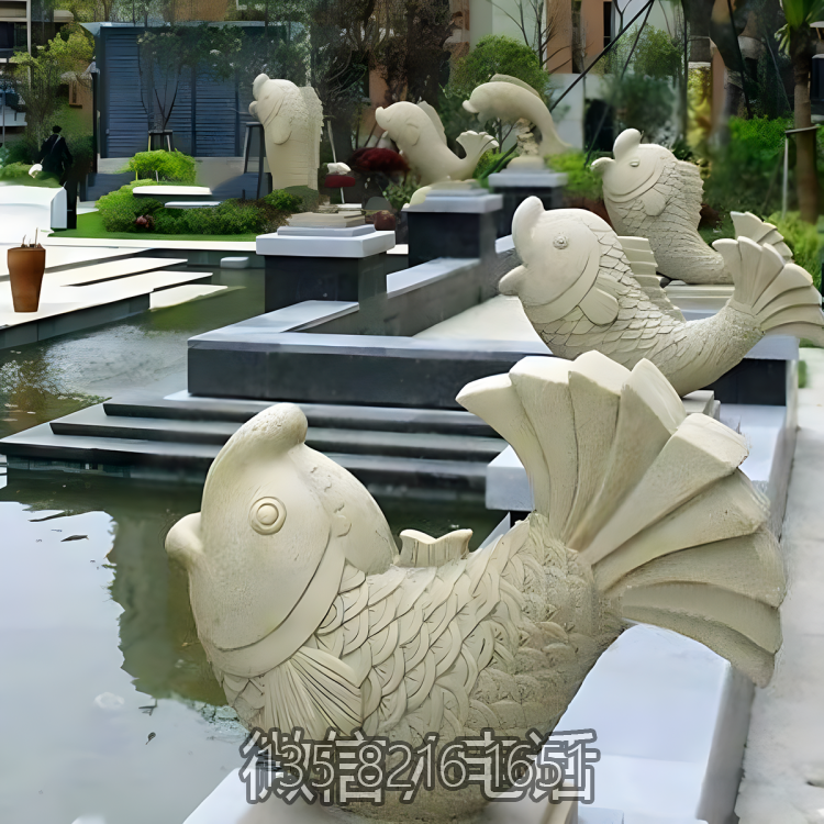 小區(qū)別墅大理石石雕水景擺件海洋動(dòng)物噴水魚裝飾雕塑