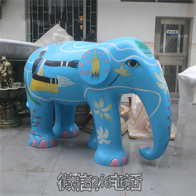 游樂園美陳落地擺件玻璃鋼樹脂藍(lán)色涂鴉大象裝飾雕塑