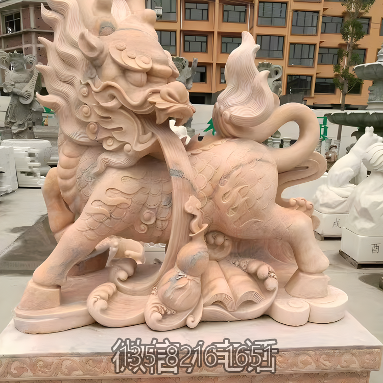 晚霞紅石雕庭院寺廟大型動(dòng)物景觀神獸麒麟雕塑