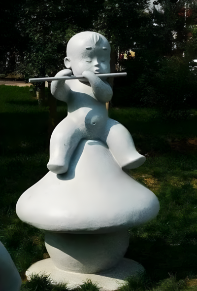 公園戶(hù)外石雕景觀(guān)吹笛子的兒童雕塑